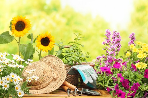 A vibrant and well-maintained backyard garden featuring a wooden table adorned with gardening tools, a straw sunhat, and gloves, surrounded by colorful flowering plants including bright yellow sunflowers, white daisies, and purple and pink blossoms. The garden layout shows a lush green lawn with a backdrop of leafy trees and shrubs, creating a natural outdoor space suitable for gardening and outdoor activities in Camden. The scene is bathed in soft, natural daylight, highlighting the healthy foliage and vibrant flower colors, reflecting typical garden care and maintenance practices provided by Lawn Mowing Camden in the local area.